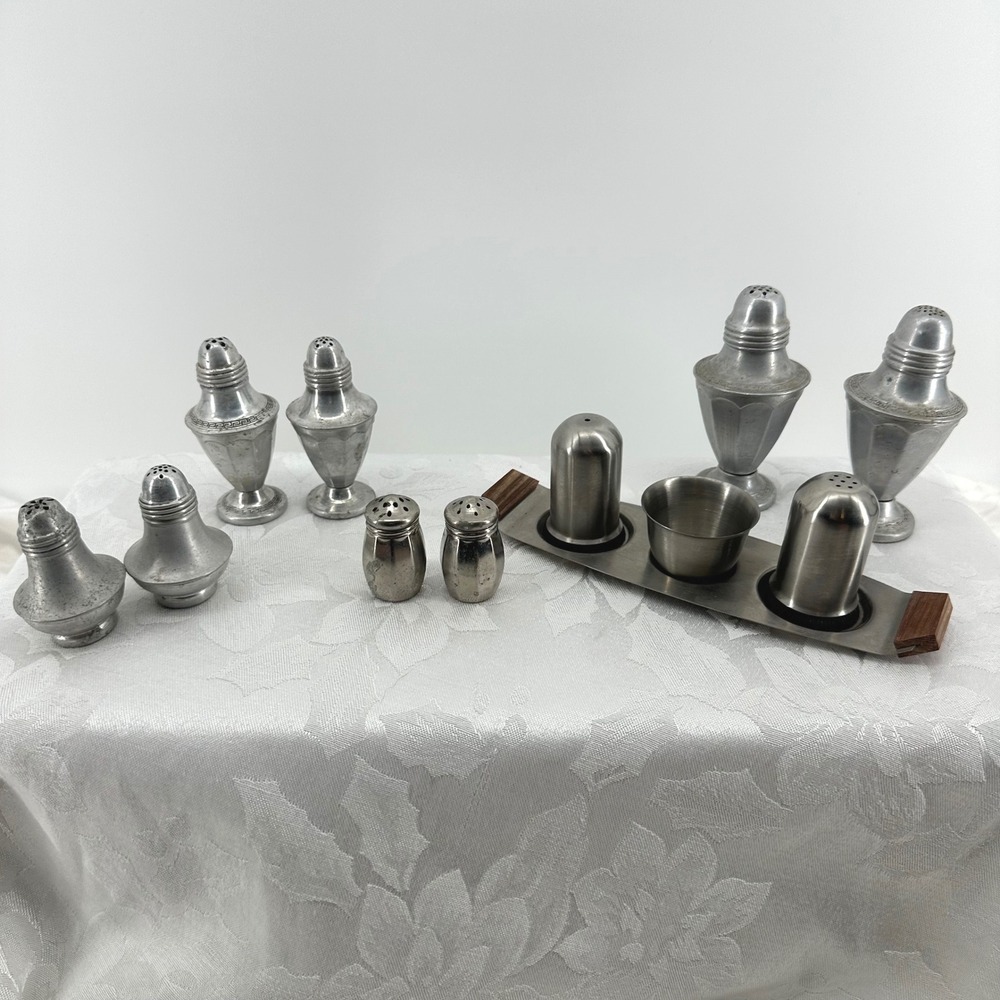 Vintage Mixed Metal Salt Pepper Shakers Set Empire Made Baronial Plate 10pc Good